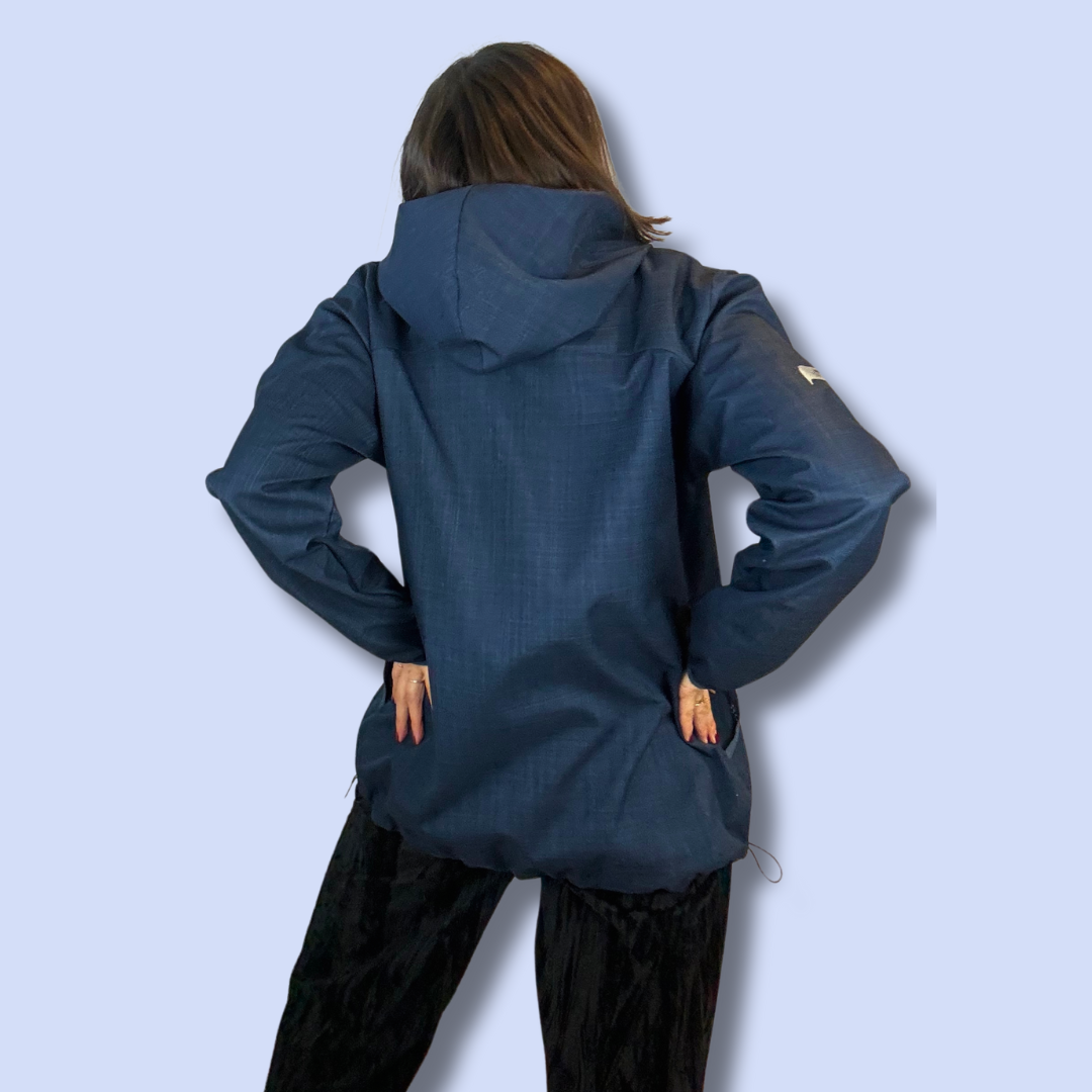 Blaue Wetterheldenjacke mit Magneten für Erwachsene: Rückansicht