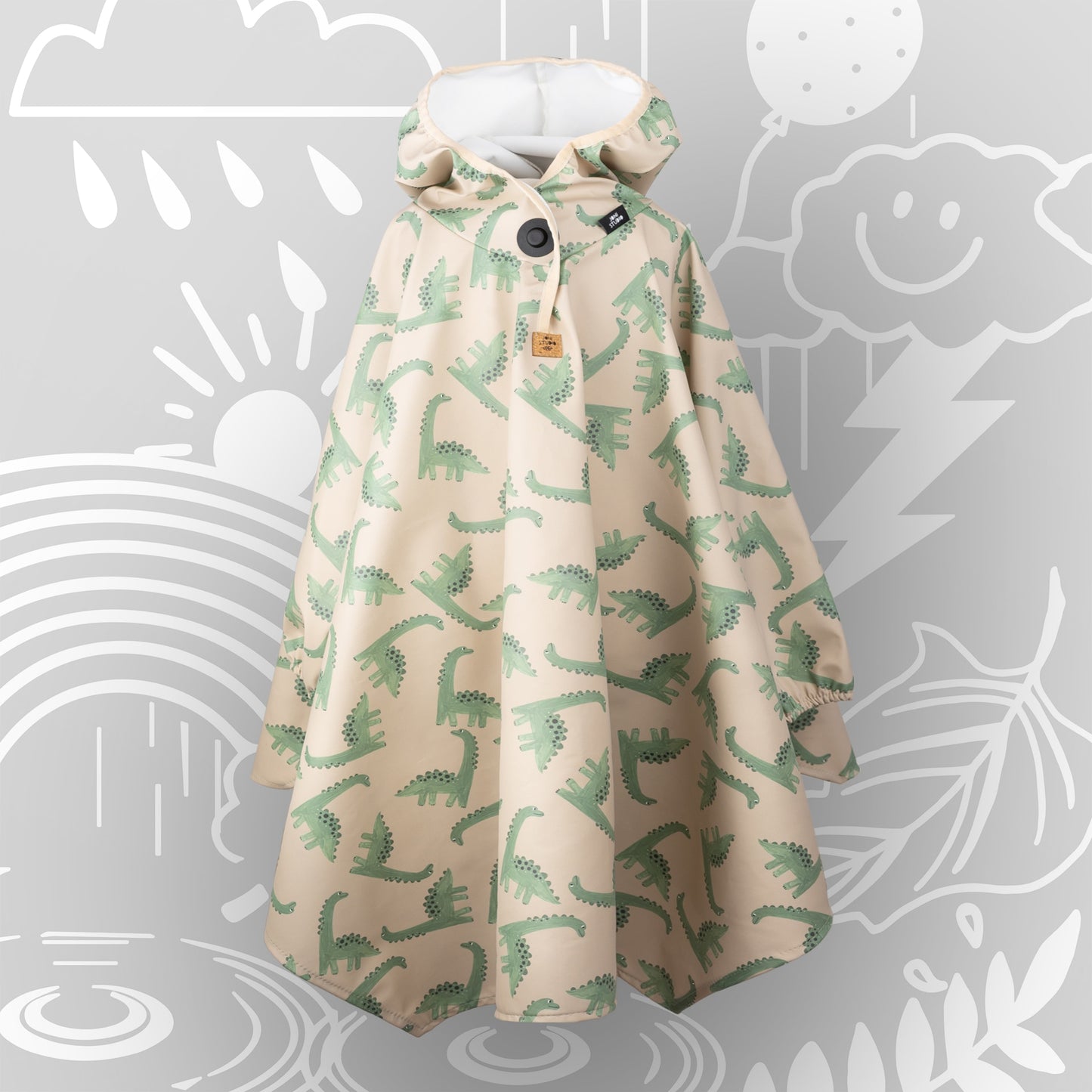 Kompletter Kinder-Regenponcho mit Magnetknopf-Verschluss, Dino-Print und elastischen Ärmelbündchen – designed von Joni Studio