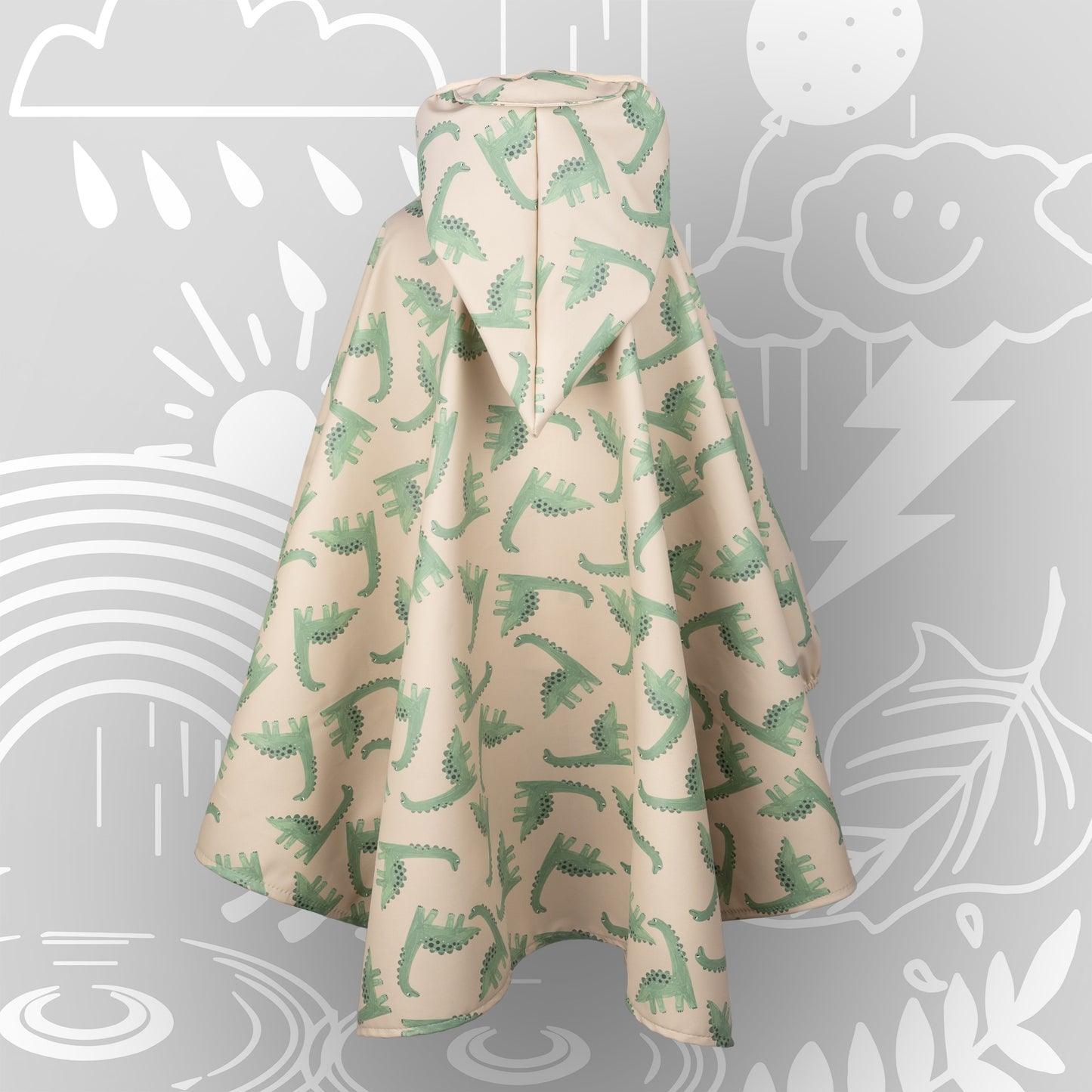 Rückansicht des Kinder-Regenponchos mit Zipfelkapuze, Dinosaurier-Motiv und integriertem Magnetknopf – wind- und wetterfest