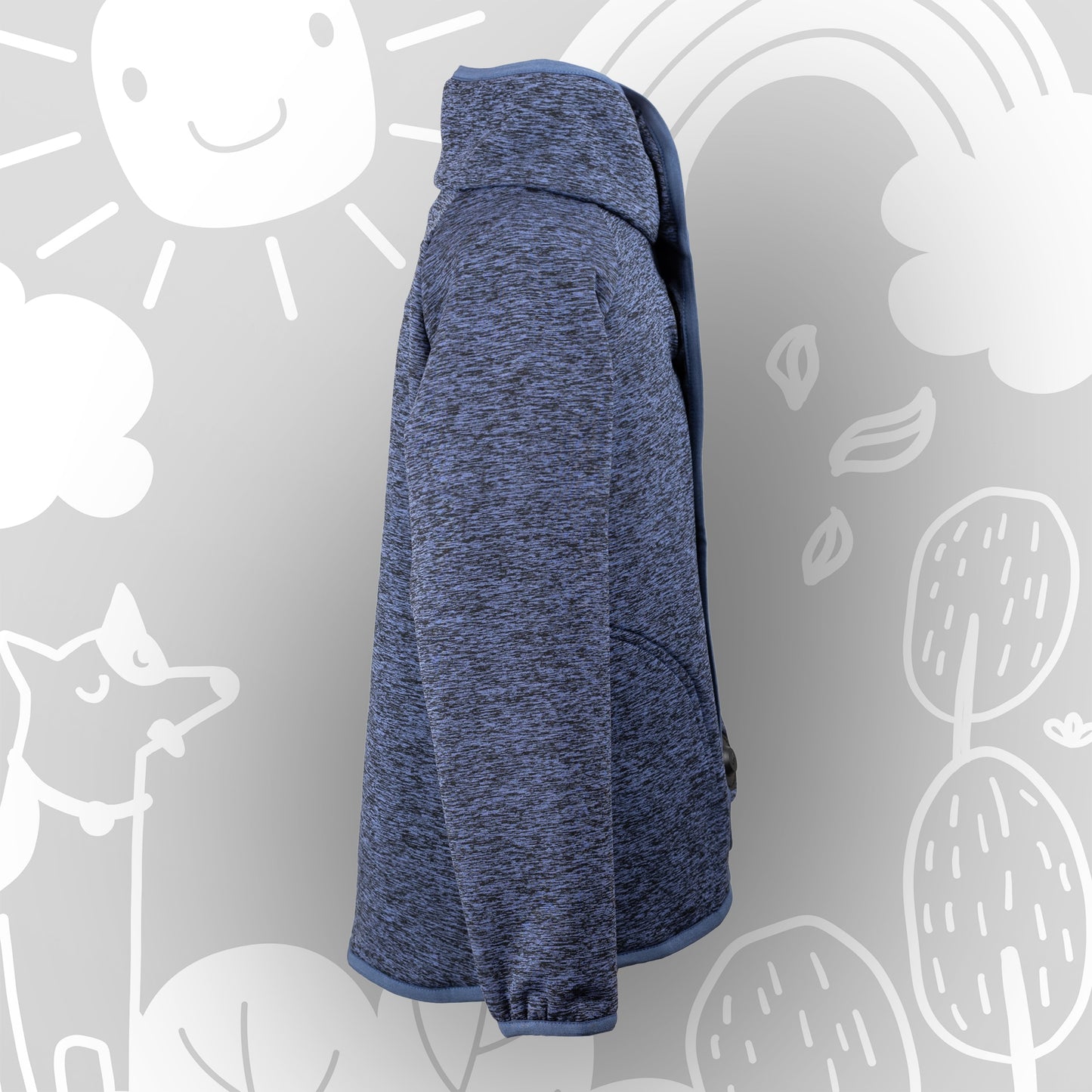 Kinderpulli mit hohem Kragen und weichem Innenfutter – Seitenansicht des atmungsaktiven Magnetpullis in Melange-Blau.