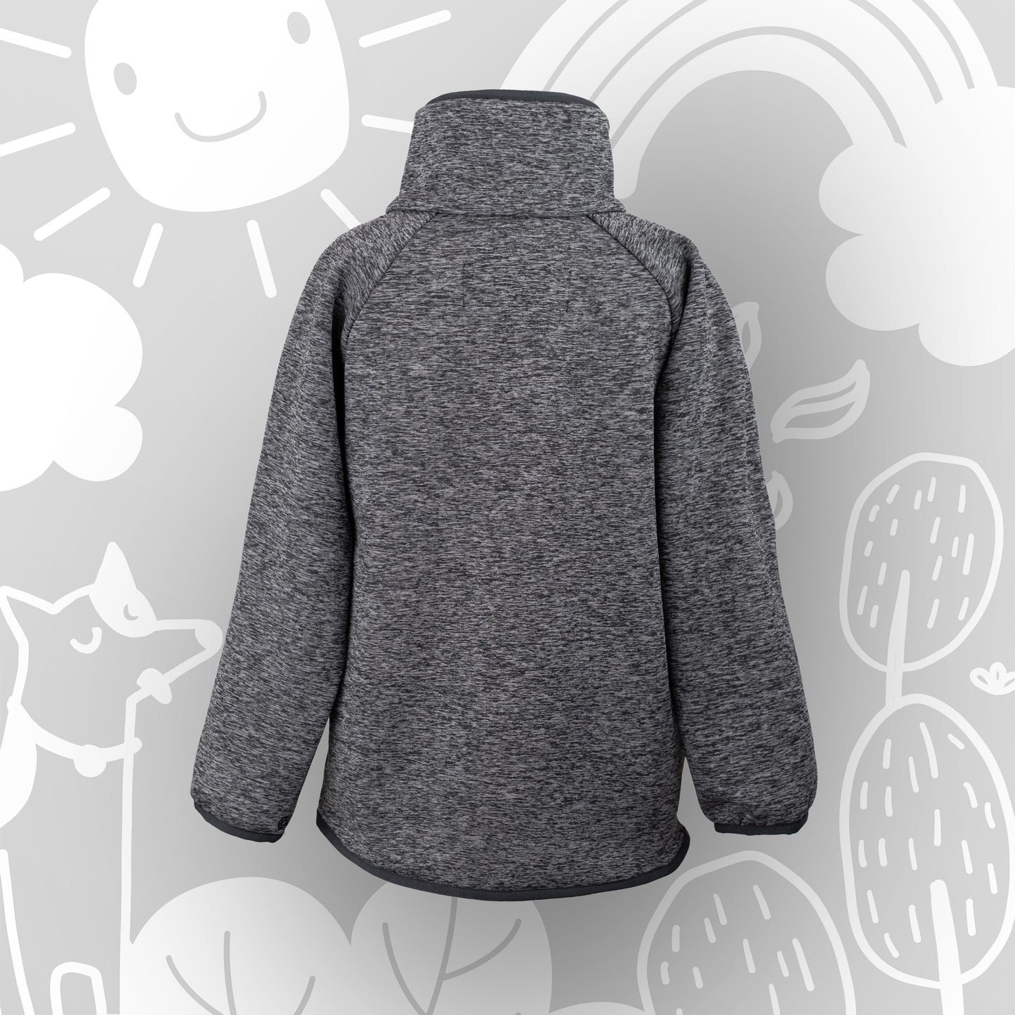 Rückseite des dunkelgrauen Pullovers – verlängertes Rückenteil für optimalen Schutz