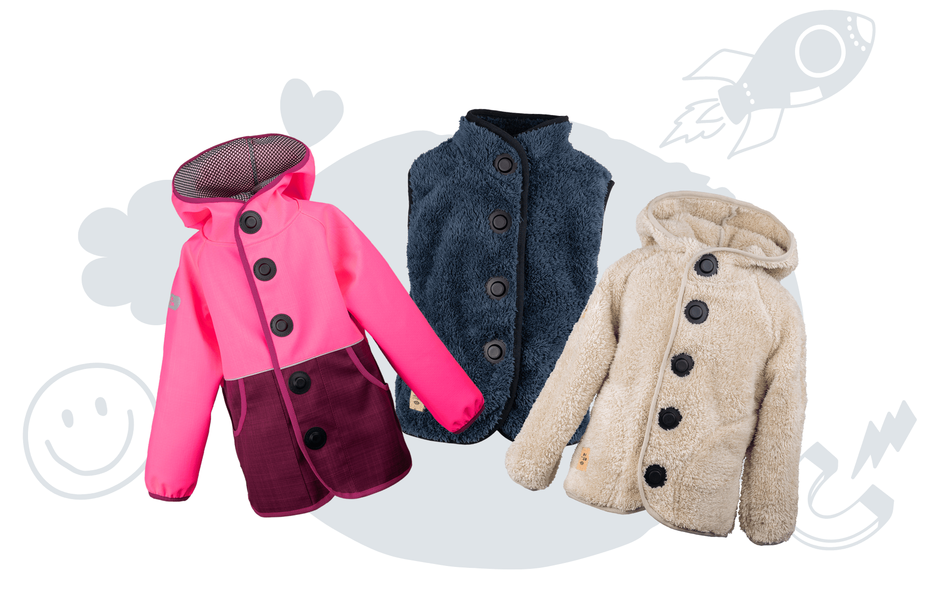 Pinke Wetterheldenjacke, blaue Innenweste und beige Kuscheljacke