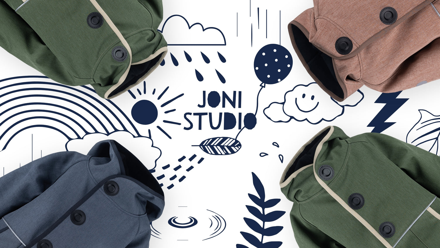 Die Softshelljacke 3.0 von Joni Studio kommt in neuen Herbstfarben. Mountain gray, forest green und wooden brown sind auf Regenillustrationen dargestellt.