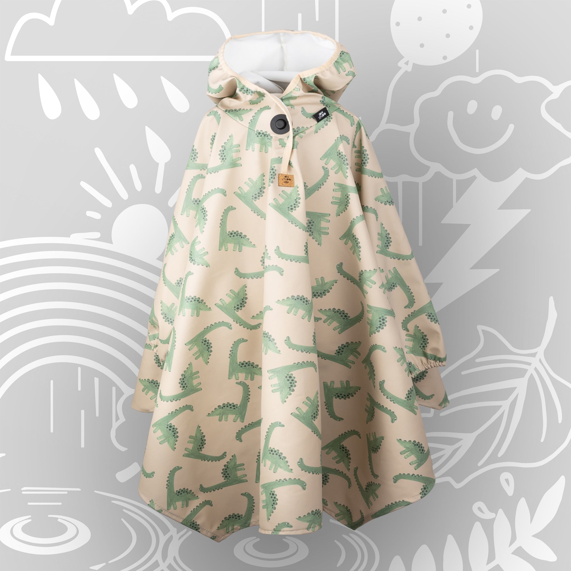 Kompletter Kinder-Regenponcho mit Magnetknopf-Verschluss, Dino-Print und elastischen Ärmelbündchen – designed von Joni Studio