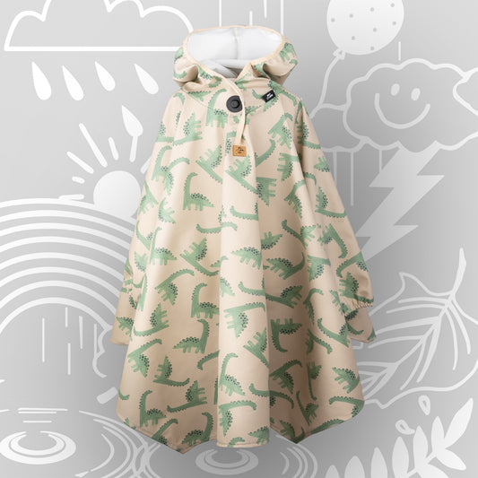 Kompletter Kinder-Regenponcho mit Magnetknopf-Verschluss, Dino-Print und elastischen Ärmelbündchen – designed von Joni Studio