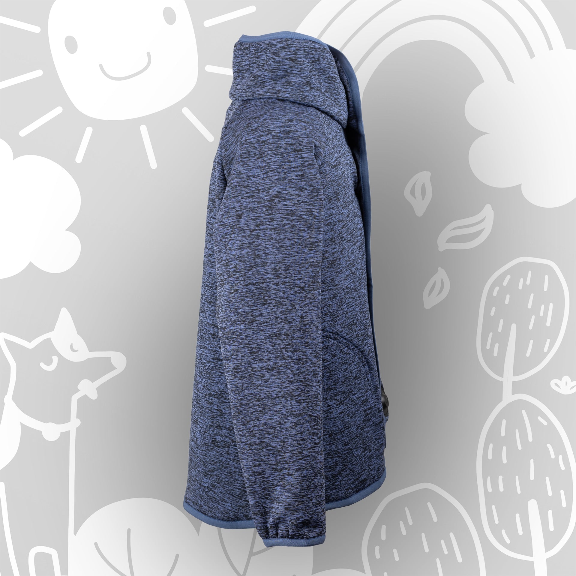 Kinderpulli mit hohem Kragen und weichem Innenfutter – Seitenansicht des atmungsaktiven Magnetpullis in Melange-Blau.