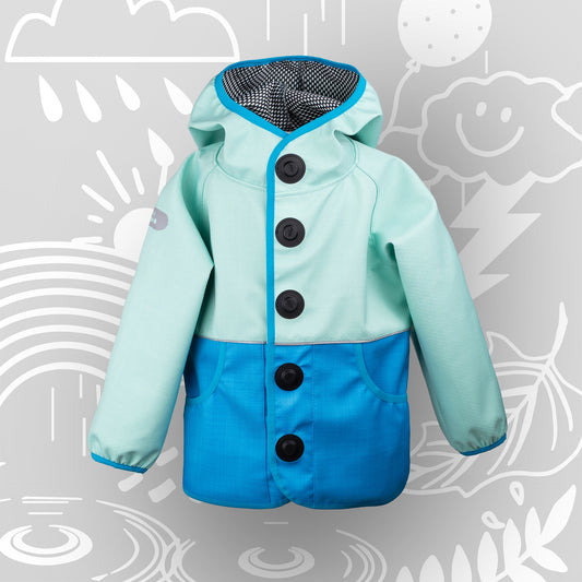 Magnetische Wetterhelden Kinderjacke „Gletscher“ in Türkisblau von Joni Studio – Vorderansicht
