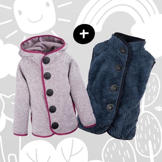 Set: Rosa Strickfleecejacke, blaue Wolfsfell Kuschelweste