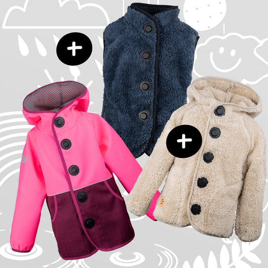Wetterhelden-Set: Rosa Magnetjacke, blaue Wolfsfellweste, Beige Kuscheljacke